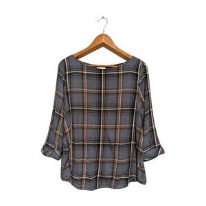 J. Jill Top Womens M Blue Plaid Flannel Pullover Blouse Cuffed Sl Pleated Back